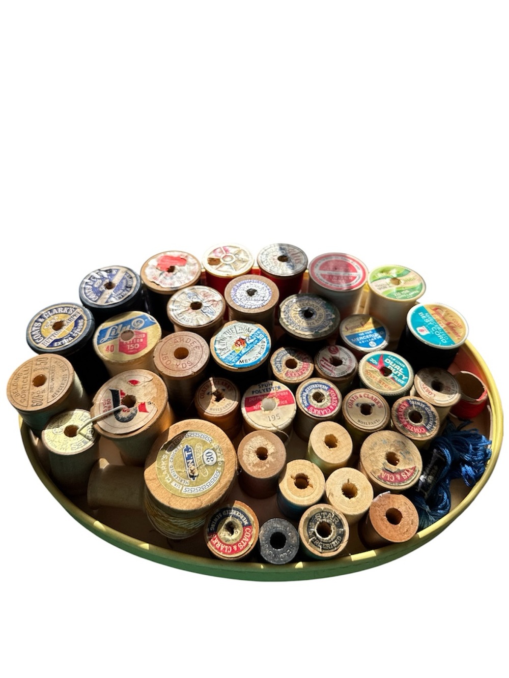 30+ Vintage Wooden Thread Spools. Most with thread. Circa 1930s to the 1960s.